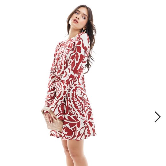 ASOS DESIGN viscose slash neck mini dress with v-back detail in red print - Picture 2 of 11